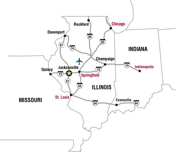Map of Illinois Roadways near Illinois College