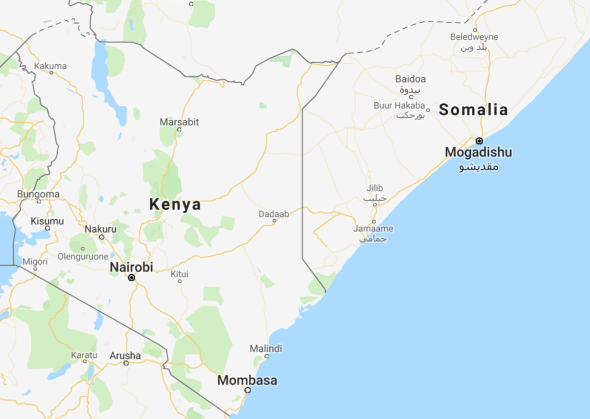 Close up of Kenya and Somalia