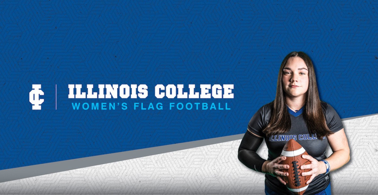 Woman holding football graphic promoting women's flag football
