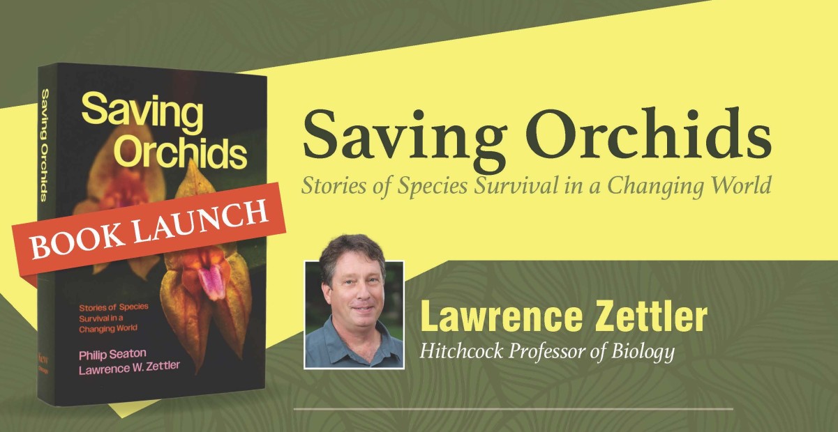 Saving Orchids digital display featuring book cover and headshot of author Larry Zettler