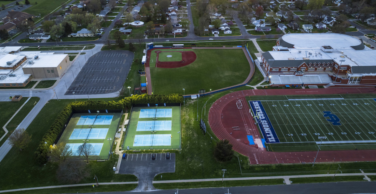 Aerial view of athletics facilities at Illinois College