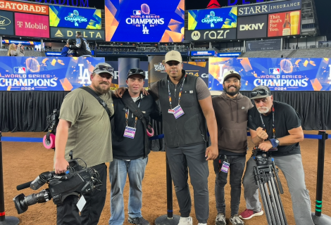 Chase Norman ’17 with his video team at the World Series