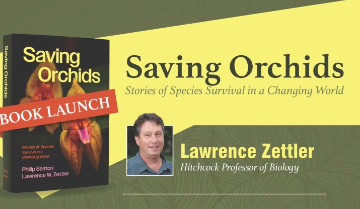 Saving Orchids digital display featuring book cover and headshot of author Larry Zettler