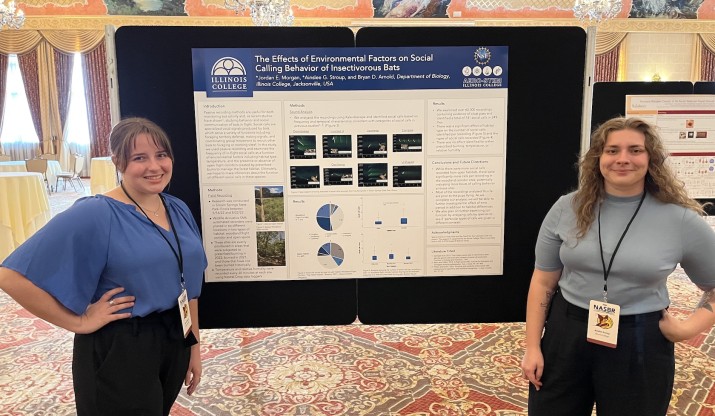 Students Jordan Morgan and Ainslee Stroup standing in front of their poster at the North American Symposium for Bat Research